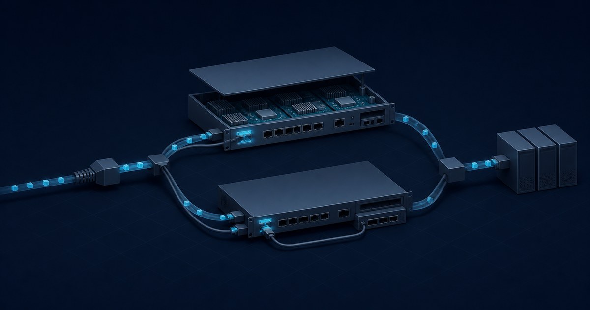 Two dark rack-mount firewall appliances, one with its lid lifted to expose the circuit board, linked by glowing blue cables to a server stack.
